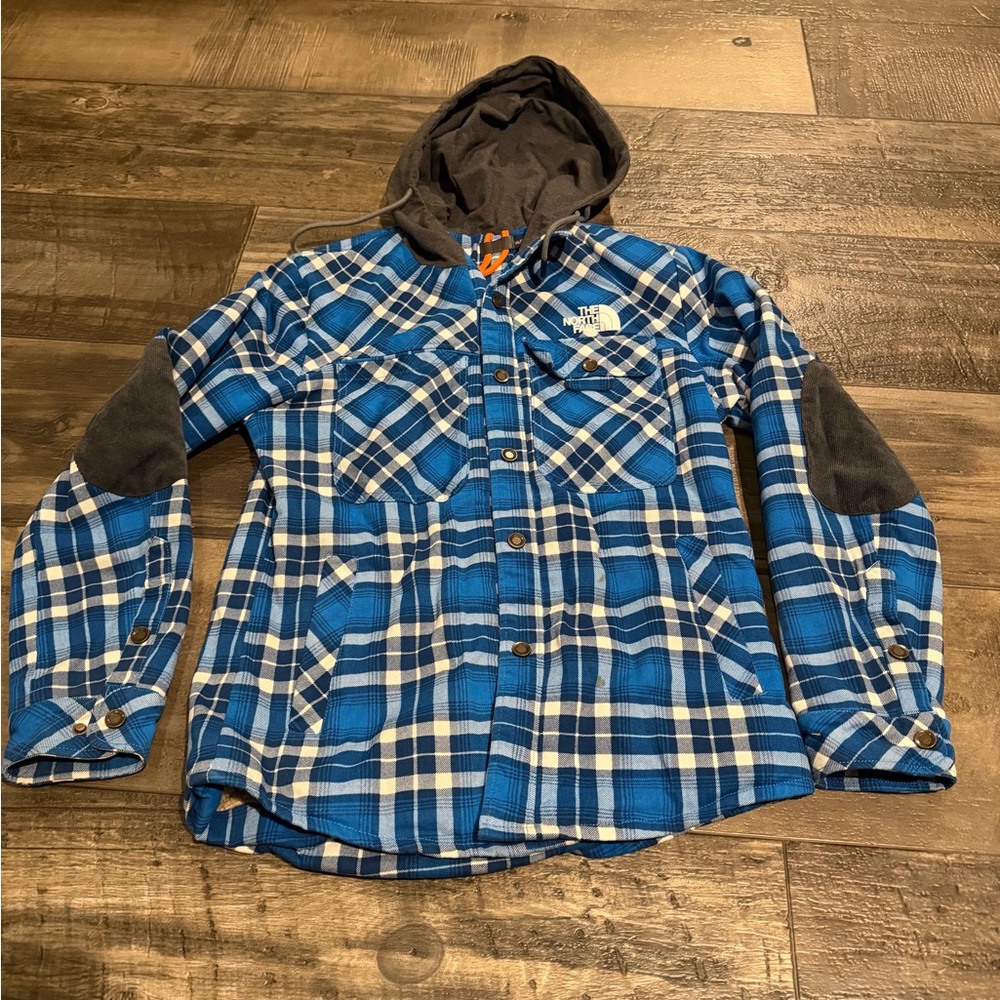 The North Face Blue and White Plaid Hooded Shirt Jacket